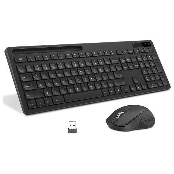 Wireless Keyboard and Mouse - Keyboard with Phone Holder, 2.4GHz Silent USB Wireless Keyboard Mouse Combo, Full-Size Keyboard and Mouse for Computer, Desktop and Laptop (Black)